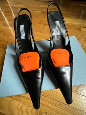 Prada Danem Women's Black Leather Slingback Pumps with Orange Accent. Sz. 40.
